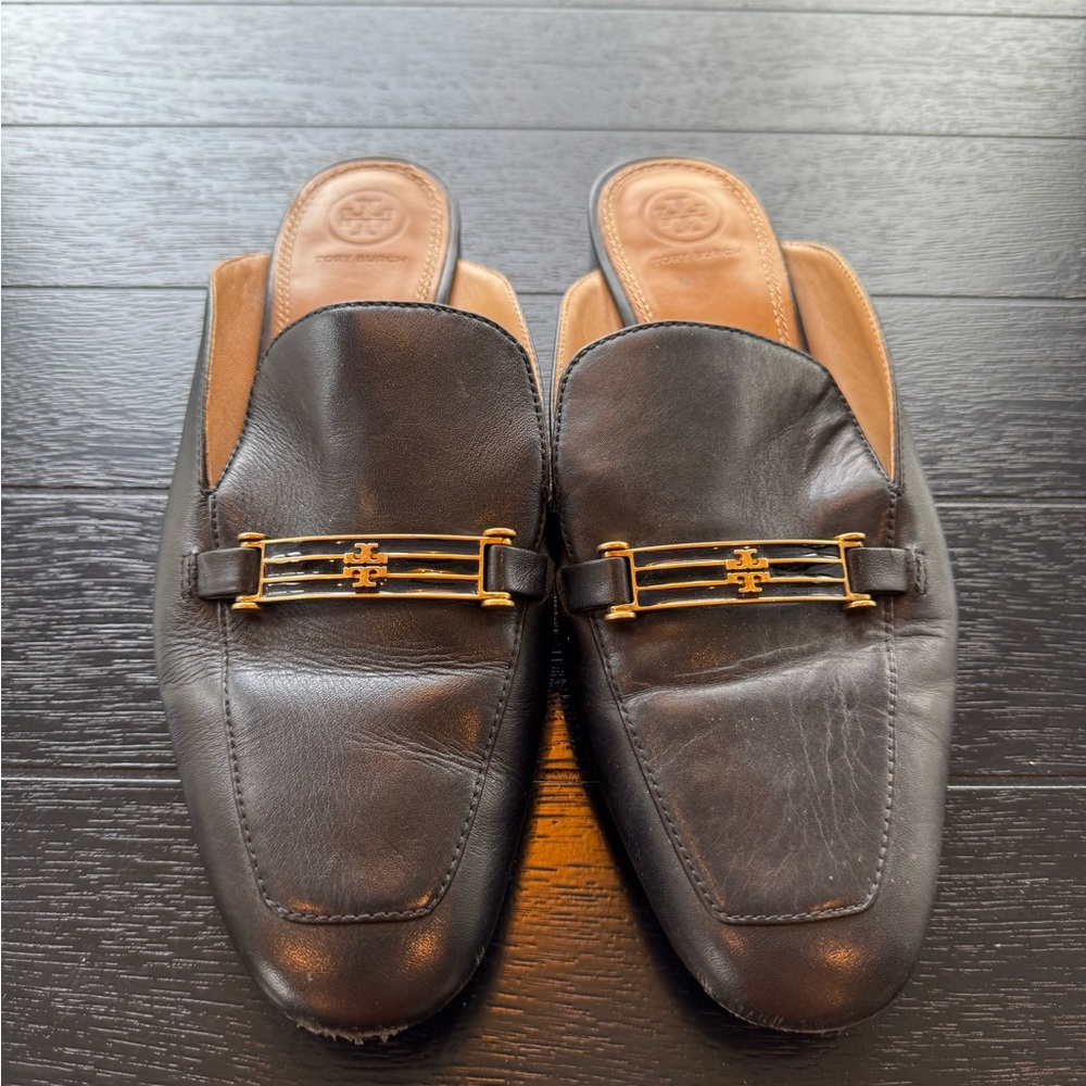 Tory Birch Black Leather Mules with gold logo size 9.5